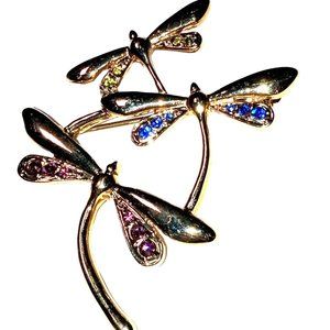 Gold Tone Dragonflies Pin Brooch with Purple Blue And Yellow/green Rhinestones